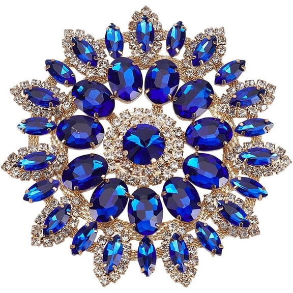 Blue Round Glass Rhinestone Applique with Metal Chain Back 4.3inch Floral Rhinestone Patch Crystal Patch Flower Rhinestone Appliques for Wedding Bridal Wedding Dress DIY Garments