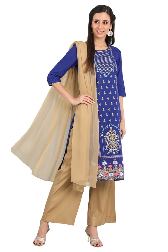 Blue Round Neck Printed Kurta-Medium