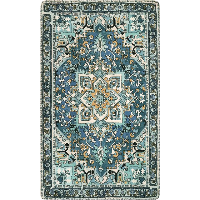 Blue Round Oriental Rug 2x3 Washable Entry Rug Bathroom Side Small