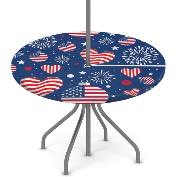 Blue Round Outdoor Tablecloth with Umbrella Hole, Patriotic Decorations Patio Table Cover Fitted Tablecloth Waterproof Zippered Table Cloth for Party Picnic, Fit for 36"-44" Round Tables