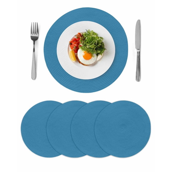 Blue Round Placemats Set of 4 for Dinning Tables, Heat-proof Braided Table Mats 15 Inch, Modern Pure Wave Ride Washable Place Mat for Kitchen Restaurant Party Decor Supplies Table Setting