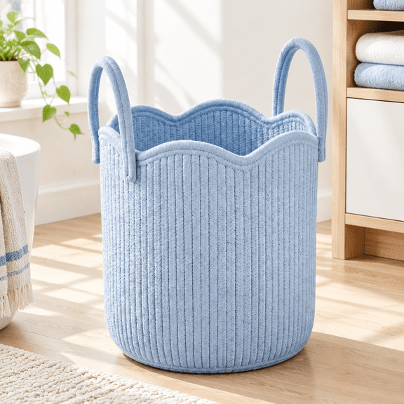Blue Round Scalloped Woven Cotton Rope Laundry Hamper Storage Basket