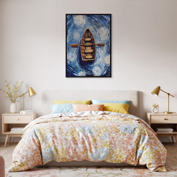 Blue Rowboat Ocean Wall Art, Impressionist Coastal Decor, Stretched Canvas Size 12x18