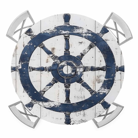 Blue Rudder Elastic Fitted Round Table Cover Retro Wood Grain Waterproof Outdoor Tablecloth for Holiday Party, Picnic, Patio & Dining Fits Tables Up to 55"-60"