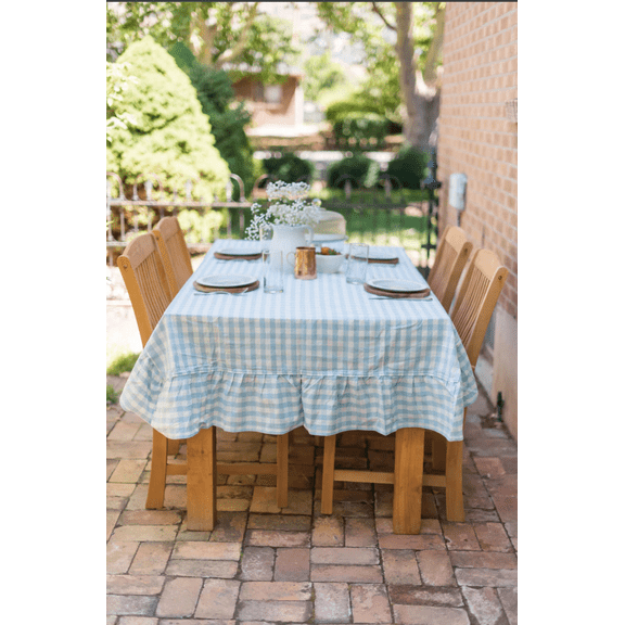 Blue Ruffled Gingham Tablecloth 60" x 120"