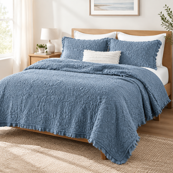 Blue Ruffled Quilt King Size Stone-washedfiber Lightweight Crinkled Farmhouse Rustic Shabby Chic Bedding Set 3 Pieces Reversible