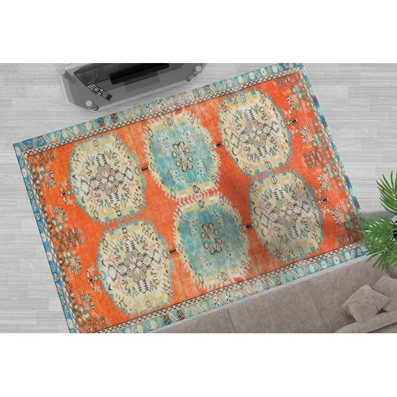 Blue Rugs, Custom Rugs, Salon Rug, Orange Rug, Moroccan Design Rug, Thin Rug, Decorative Rug, Antique Decor Rug, Bathroom Rug, Entryway Rug, 3.3'x6.5' - 100x200 cm
