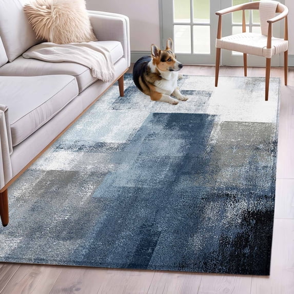 Blue Runner Rug 2.7x5 FT, Non Slip Entryway Carpet, Retro Oil Painted Modern Abstract Art Washable Soft Floor Carpet Entrance Mat Non-Shedding Throw Rug for Hallway Laundry Room Bedside