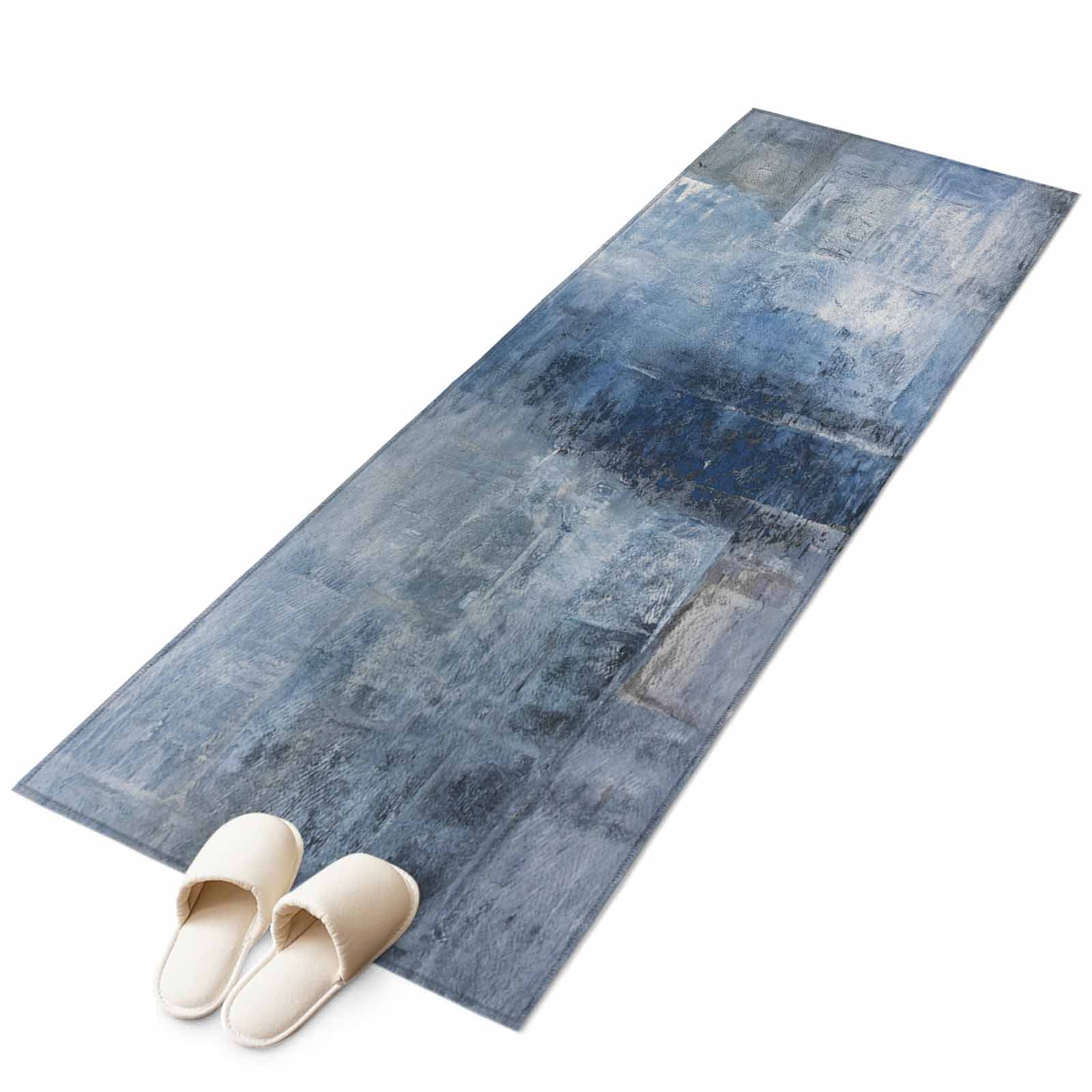 Blue Runner Rug 2x6 FT, Non Slip Hallway Carpet, Retro Oil Painting Modern Abstract Art Aesthetics Washable Soft Floor Carpet Throw Runner Carpet Long Rug for Entryway Kitchen Bedside Sliding Door