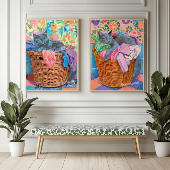 Blue Russian Cats Wall Art Gray Cat In Laundry Bin Print Set 2