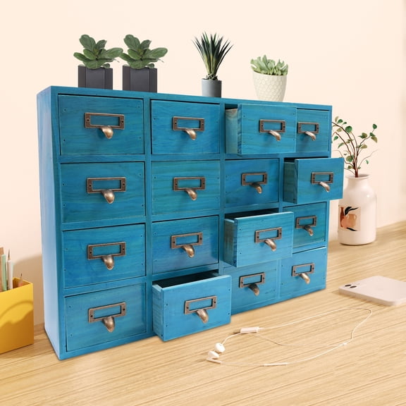 Blue Rustic 16 Drawers Apothecary Cabinet Large Capacity with Metal Handles for Home Use of Organizing
