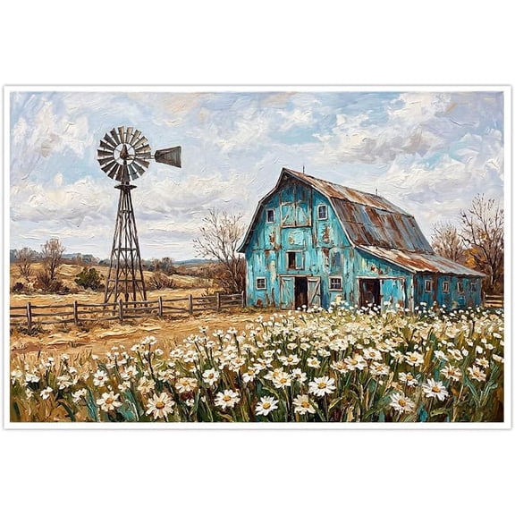 Blue Rustic Barn Canvas Wall Art Farmhouse Windmill Landscape Poster Vintage Oil Painting White Daisies Floral Pictures for Living Room Bedroom Home Wall Decor