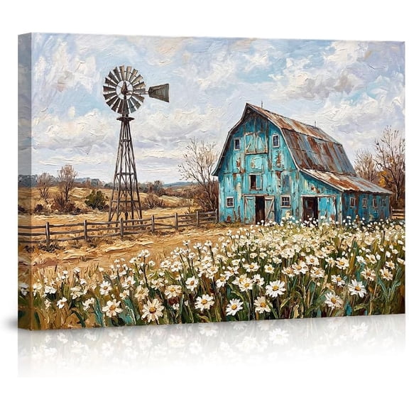 Blue Rustic Barn Canvas Wall Art Farmhouse Windmill Landscape Poster Vintage Oil Painting White Daisies Floral Pictures for Living Room Bedroom Home Wall Decor
