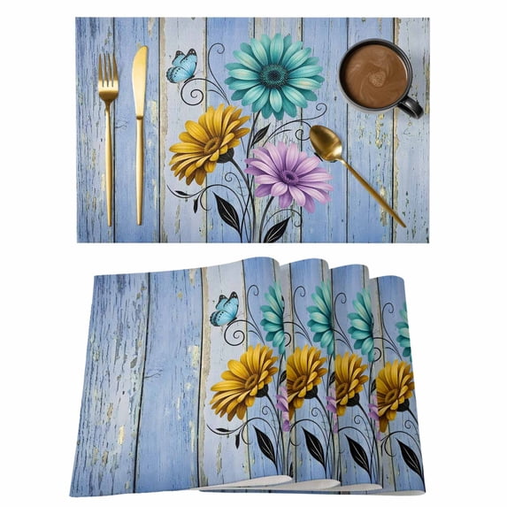 Blue Rustic Farmhouse Placemats Set of 4 Country Turquoise Floral Daisy ...