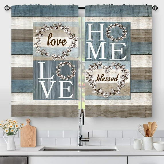 Blue Rustic Floral Flower Sweet Love Home Kitchen Curtains, Farmhouse Country Vintage Wood Plank Door Small Short Cafe Window Curtain Over Sink Dining Room Decor Rod Pocket Drapes 2 Panels 36"x28"