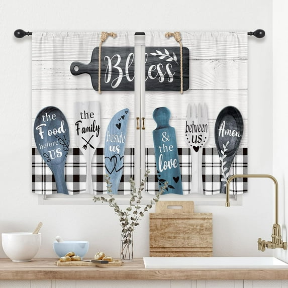 Blue Rustic Kitchen Curtains Small Short Farmhouse Fork and Spoon Buffalo Plaid Vintage Wood Rod Pocket Funny Quotes Black White Bedroom Living Room Treatment Fabric 2 Panels 27.5Wx39H Inch