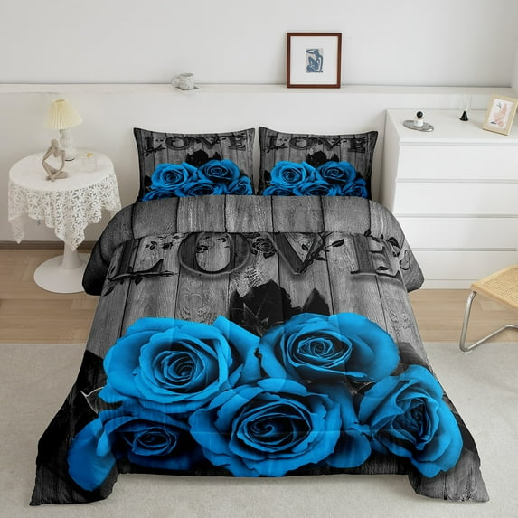 Blue Rustic Rose Floral Bedding Set Women Full,Valentine'S Day Wedding Comforter Blue Black Romantic Flower Comforter Set Pastoral Country Quilt Duvet Retro Grey Aesthetics Room Decor 3 Pcs