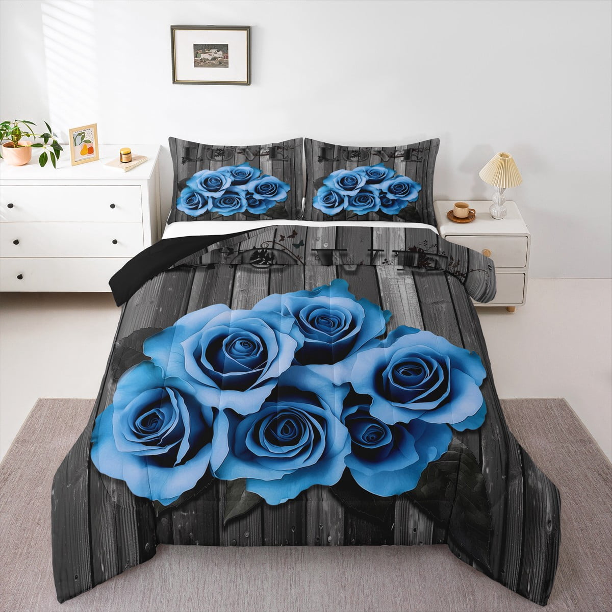 Erosebridal Blue Rustic Rose Floral Bedding Set, Queen Size Comforter ...