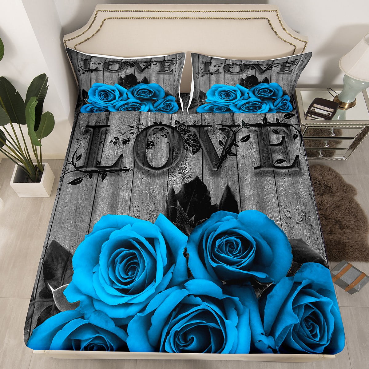 Blue Rustic Rose Floral Fitted Sheet For Girls Women Twin,Valentine'S Day Bedding Set Blue Black