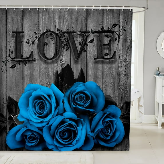 Blue Rustic Rose Floral Shower Curtain 72"Wx84"L,Valentine'S Day Bath Curtain Blue Black Romantic Flower Bathroom Curtain Pastoral Country Bathroom Accessories Retro Aesthetics Bathroom Decor
