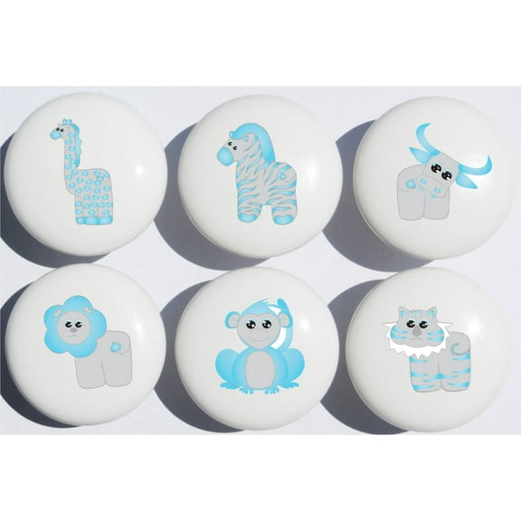 Blue Safari Drawer Pulls / Jungle Ceramic Cabinet Knobs / Blue Nursery Drawer Pulls / Set of 6