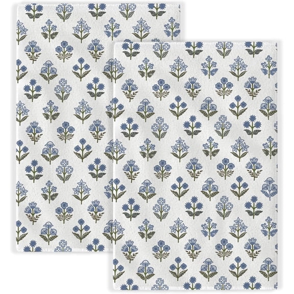 Blue Sage Green Block Print Spring Floral Kitchen Towel Vintage Flower Dish Towel, 40.64 x 60.96cm Farmhouse Summer Holiday Decorative Absorbent Hand Towel for Kitchen Drying Decoration 2-Piece Set