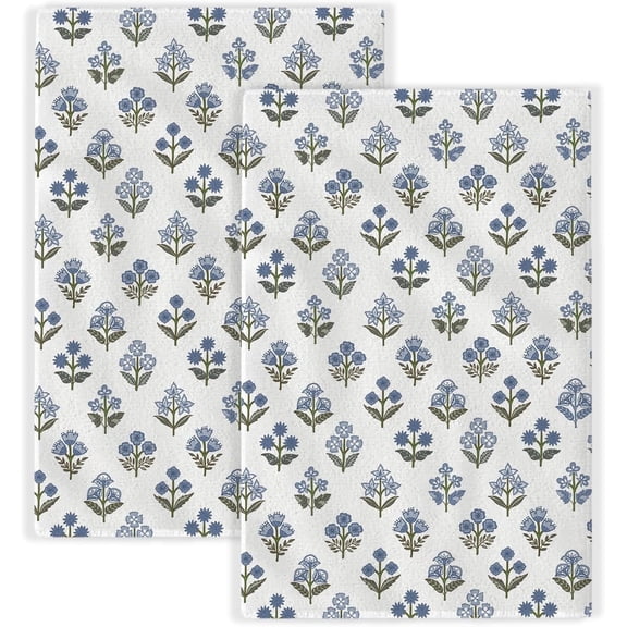 Blue Sage Green Block Print Spring Floral Kitchen Towels Vintage Flower Dish Towels, 16x24 Inch Farmhouse Summer Holiday Decoration Absorbent Hand Towels for Kitchen Drying Decor Set of 2