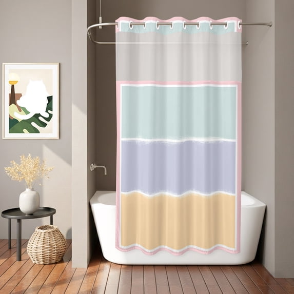 Blue Sage Green Color Block No Hook Shower Curtain with See Through Top ...