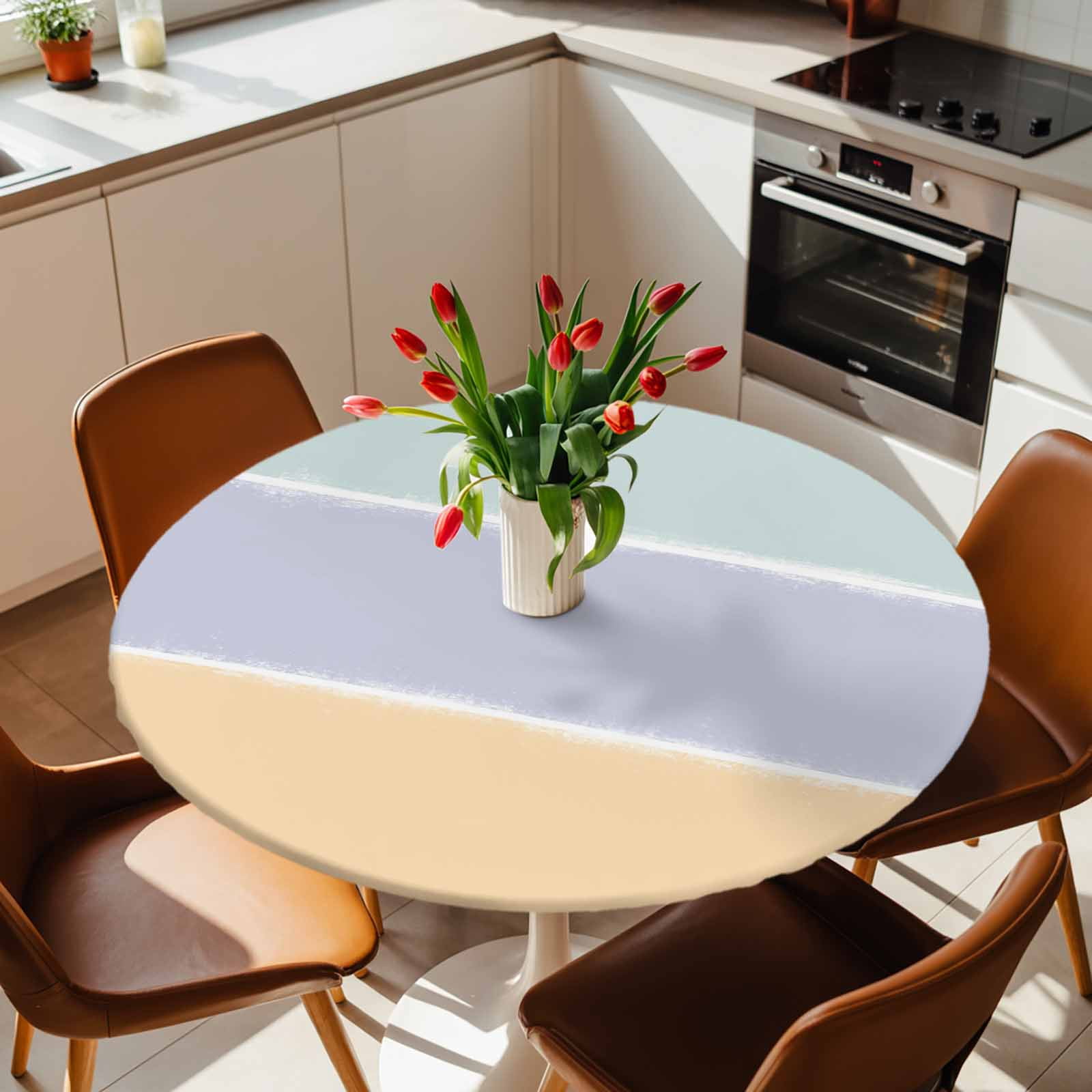 Blue Sage Green Color Block Round Fitted Tablecloth with Elastic Edge ...