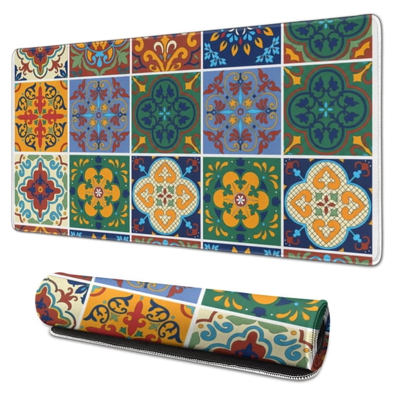 Blue, Sage Green, Coral Orange Artistic Bohemian Extended Mouse Pad, 31 ...