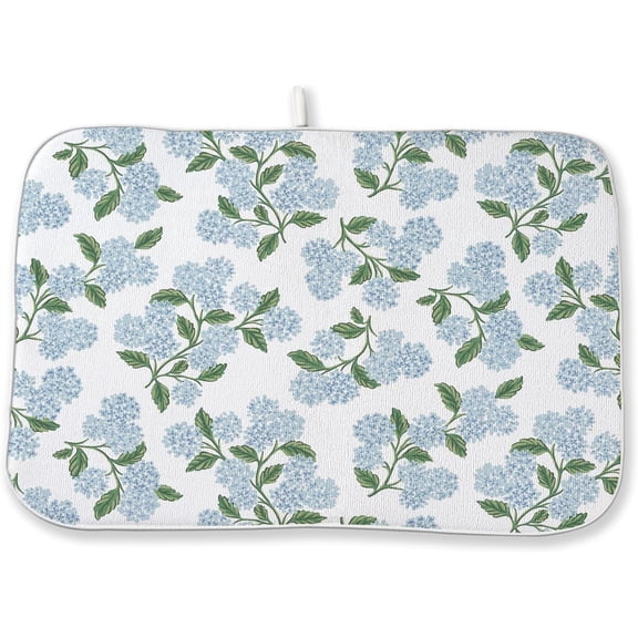 Blue Sage Green Floral Dish Drying Mat 18 x 24 Inch Spring Hydrangea Floral Drying Mat for Kitchen Counter Absorbent Summer Flowers Dishes Dry Pad for Drainer Rack Kitchen Fast Dry