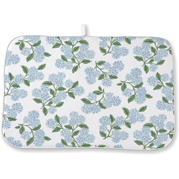 Blue Sage Green Floral Dish Drying Mat 18 x 24 Inch Spring Hydrangea Floral Drying Mat for Kitchen Counter Absorbent Summer Flowers Dishes Dry Pad for Drainer Rack Kitchen Fast Dry