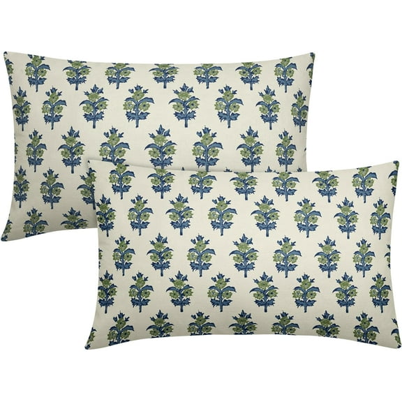 Blue Sage Green Floral Lumbar Pillow Covers 12x20 Set of 2 Spring Summer Flower Leaves Print Rectangle Decorative Throw Pillow Cases Outdoor Farmhouse Decoration for Sofa Couch Bed