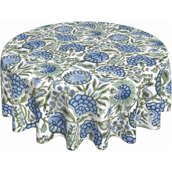 Blue Sage Green Floral Round Tablecloth 70 Inch Chinoiserie Flower Table Cloth Vintage Boho Floral Polyester Fabric Farmhouse Round Table Cover for Kitchen Party Dining Picnic Outdoor Decor