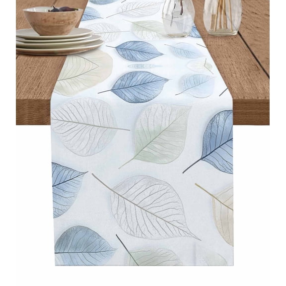 Blue Sage Green Leaves Burlap Cotton Table Runner 14x72 Inches Long, Spring Botanical Watercolor Farmhouse Table Runners, Outdoor Dining Tablecloths Decor for Baby Shower/Party/Wedding