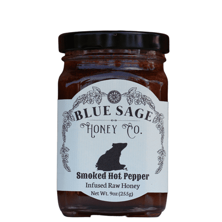 Blue Sage Honey Co. Smoked Hot Pepper Infused Raw Honey, Chipotle Honey, Farm Fresh Pure Raw USA Honey - Hot Honey - 9oz Glass Jar