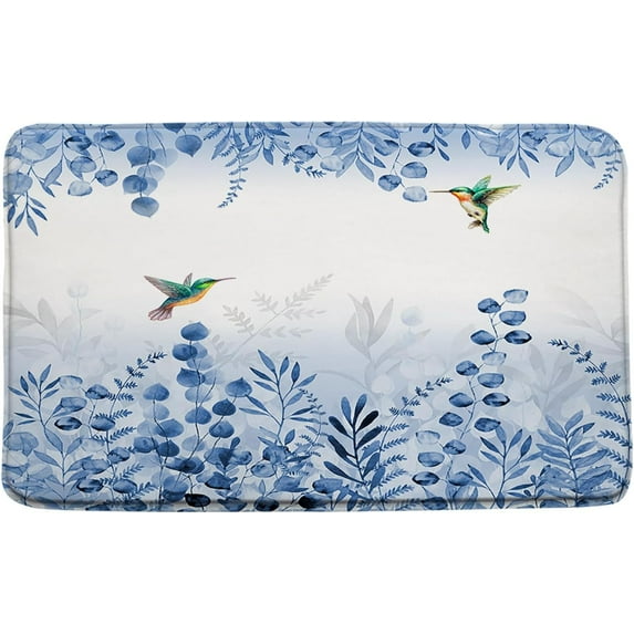 Blue Sage Leaves Bath Mat Hummingbird Eucalyptus Tropical Leaf Botanical Plant Floral Watercolor Nature Fresh Spring Bathroom Kitchen Rugs,17.8x29.5+16x48 Inch