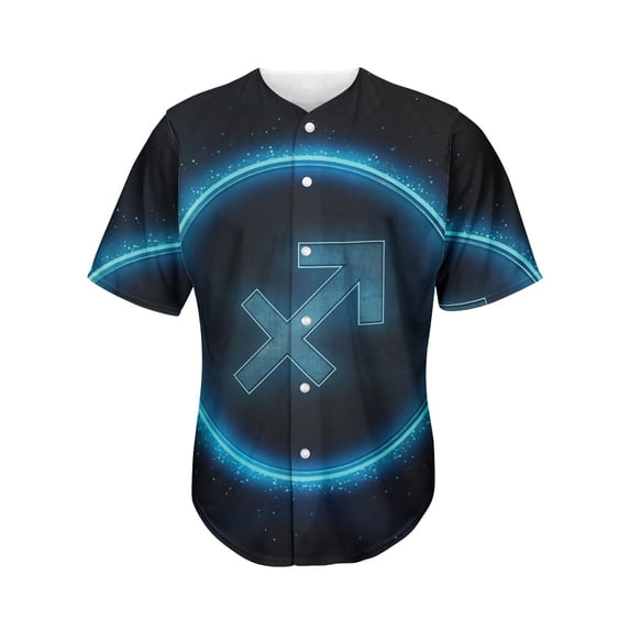 Blue Sagittarius Zodiac Sign Print Active Baseball Jersey for Men and Women, Zodiac Horoscope Button Down Women’s Baseball Team Shirts.