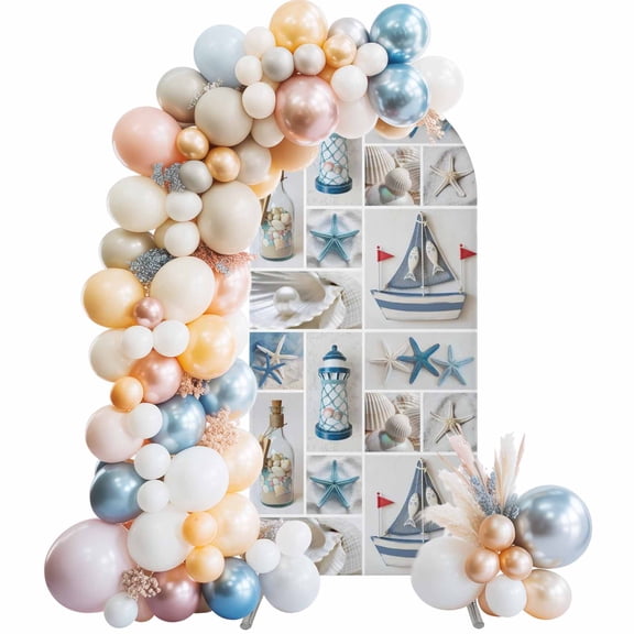 Blue Sailboat Arch Backdrop Cover 4 FT Ocean Blue White Lighthouse Sea Star Drift Bottle Shells Pearl Stretchy Arch Stand Covers Spandex Arched Background Birthday Wedding Decoration (No Stand)