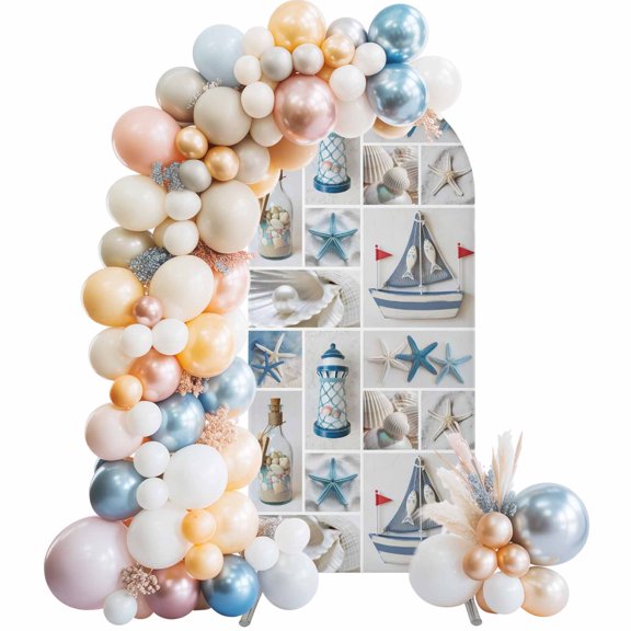 Blue Sailboat Arch Backdrop Covers 6 FT, Ocean Blue White Lighthouse Sea Star Drift Bottle Shells Pearl Stretchy Fitted Arched Stand Covers