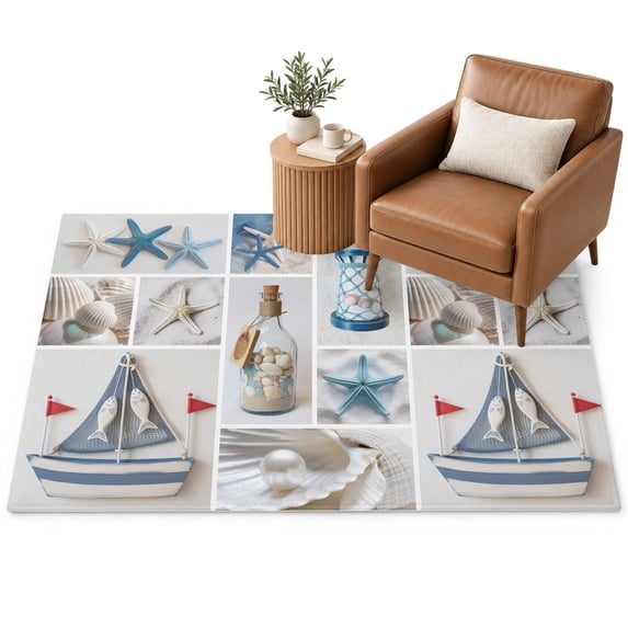 Blue Sailboat Area Rug 4'x6', Ocean Blue White Lighthouse Sea Star ...