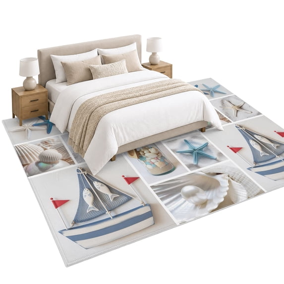 Blue Sailboat Area Rug 5'x7', Ocean Blue White Lighthouse Sea Star ...