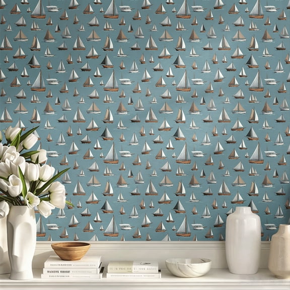 Blue Sailboat Pattern Wallpaper Vintage Nautical Print Peel and Stick Self-Adhesive Removable Wall Paper for Living Room Bedroom Home Decor Easy to Apply Roll