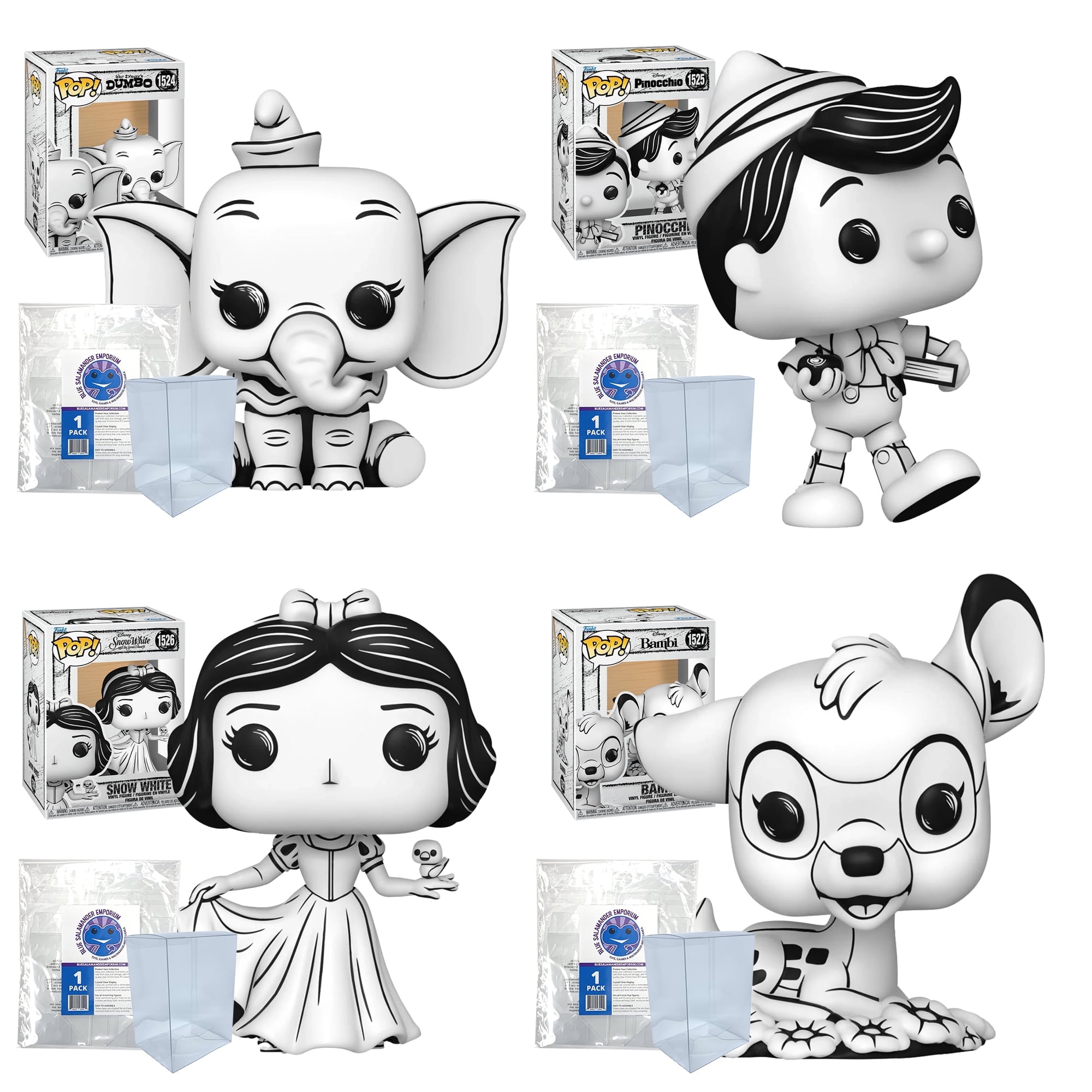 Blue Salamander Emporium Set of 4 Plastic Protector Cases + Vinyl Figures Bundle  Includes: Sketched Dumbo #1524, Sketched Pinocchio #1525, Sketched Snow White #1526, Sketched Bambi #1527