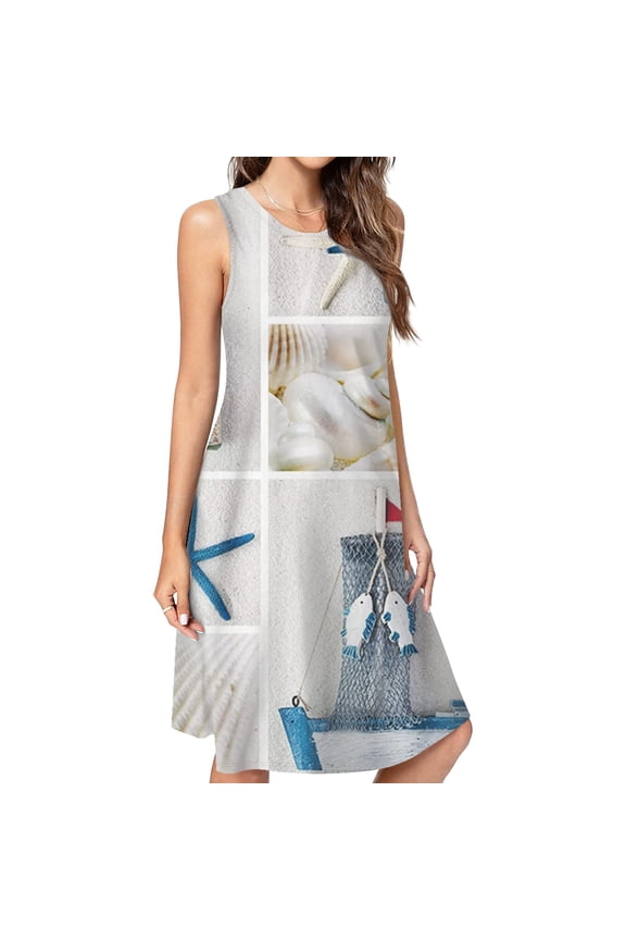 Blue Sand Beach Sea Shells Dress Elegant Party Dresses Evening Dresses Women Dress Sleeveless Dress Ladies Dresses