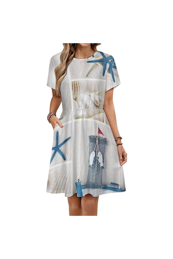 Blue Sand Beach Sea Shells Dress Fashion Beach Short Sleeve Dresses Female Party Printed Sundress