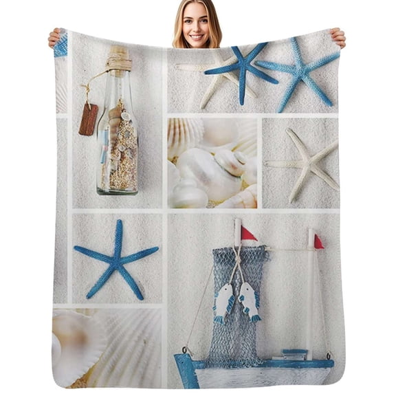 Blue Sand Beach Sea Shells Flannel Blankets Soft Throw Blanket Winter Travel Office Outdoor Bedspread