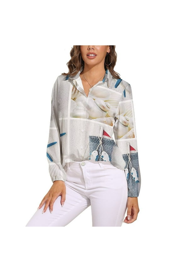 Blue Sand Beach Sea Shells Long Sleeve Blouse Woman Streetwear Casual Shirts Summer Oversize Woman Streetwear Clothing Birthday Present