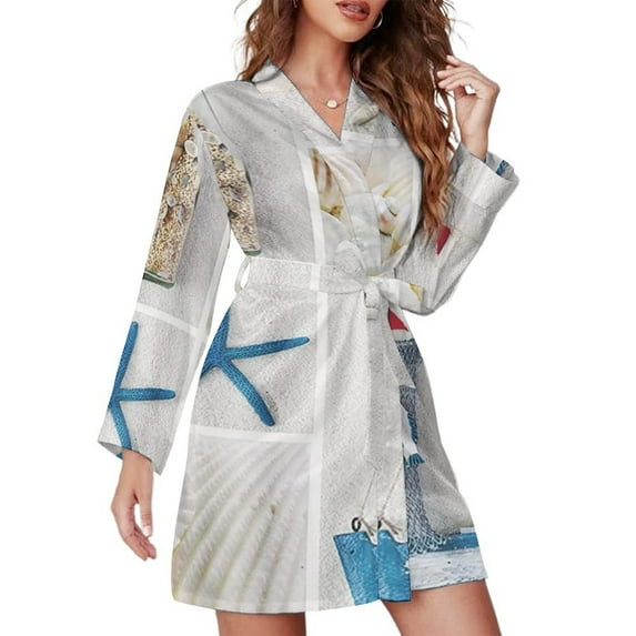 Blue Sand Beach Sea Shells Night Robe Long Sleeve V Neck Robe With Belt Women's Sleepwear Dresses