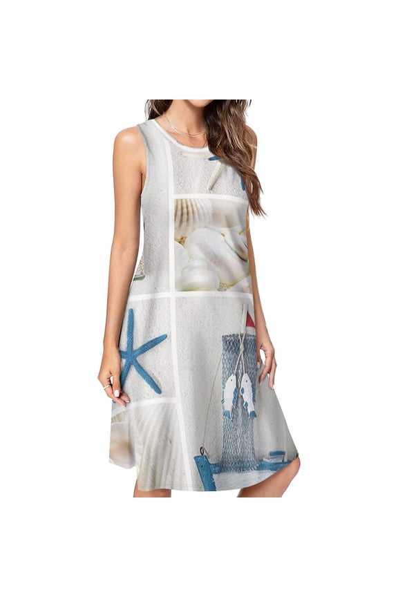Blue Sand Beach Sea Shells Spring Summer Dresses for Women Fashion T-shirt Dress Casual Sleeveless Loose Sundress with Pockets
